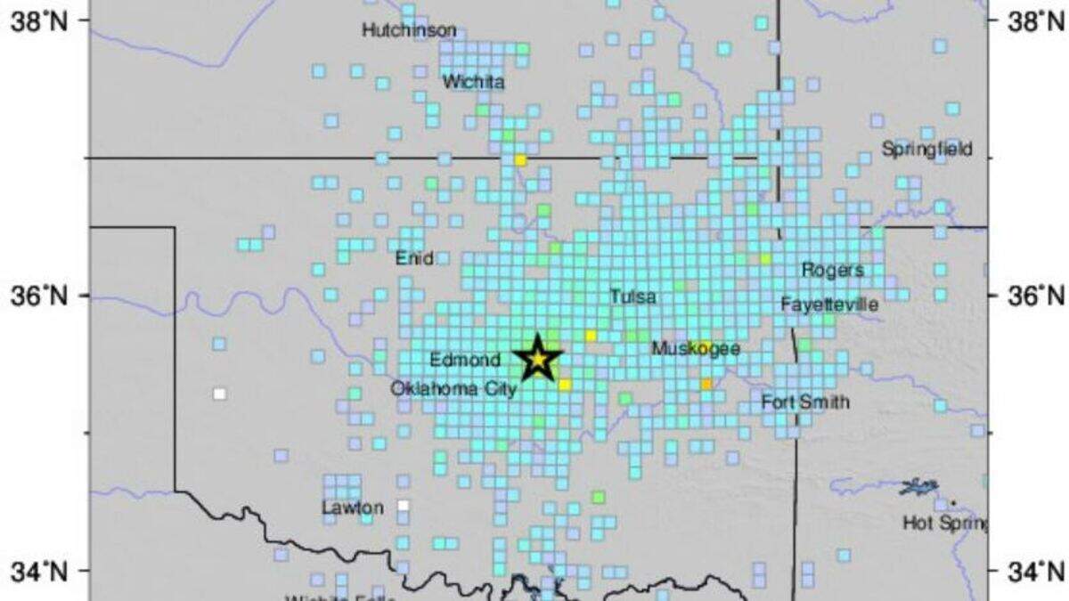 This map shows the location of Friday night’s earthquake and the area where it was reported felt by residents.