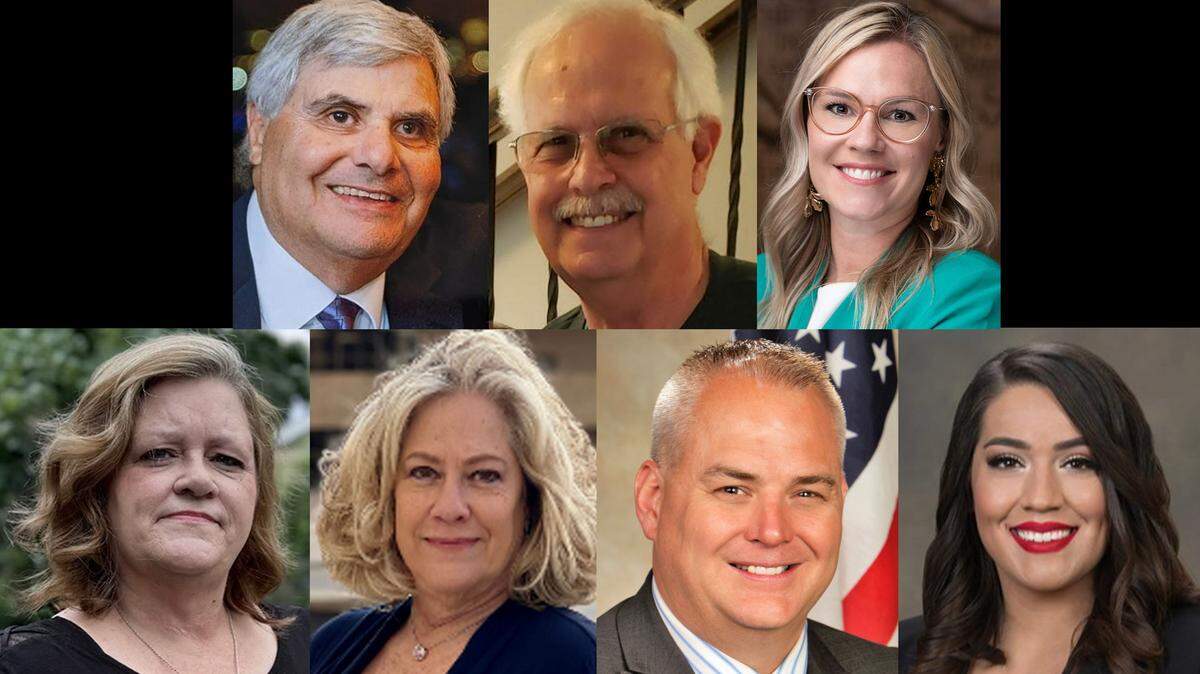 Top row: Sedgwick County Commission District 3 Republicans Greg Ferris, Alan Reichert and Stephanie Wise. Bottom row: Sedgwick County Commission District 3 Democrats AlmaAnn Jones and Celeste Racette. Second from right is Jeff Blubaugh who is challenging incumbent Sarah Lopez, far right, for her District 2 seat on the Sedgwick County Commission.