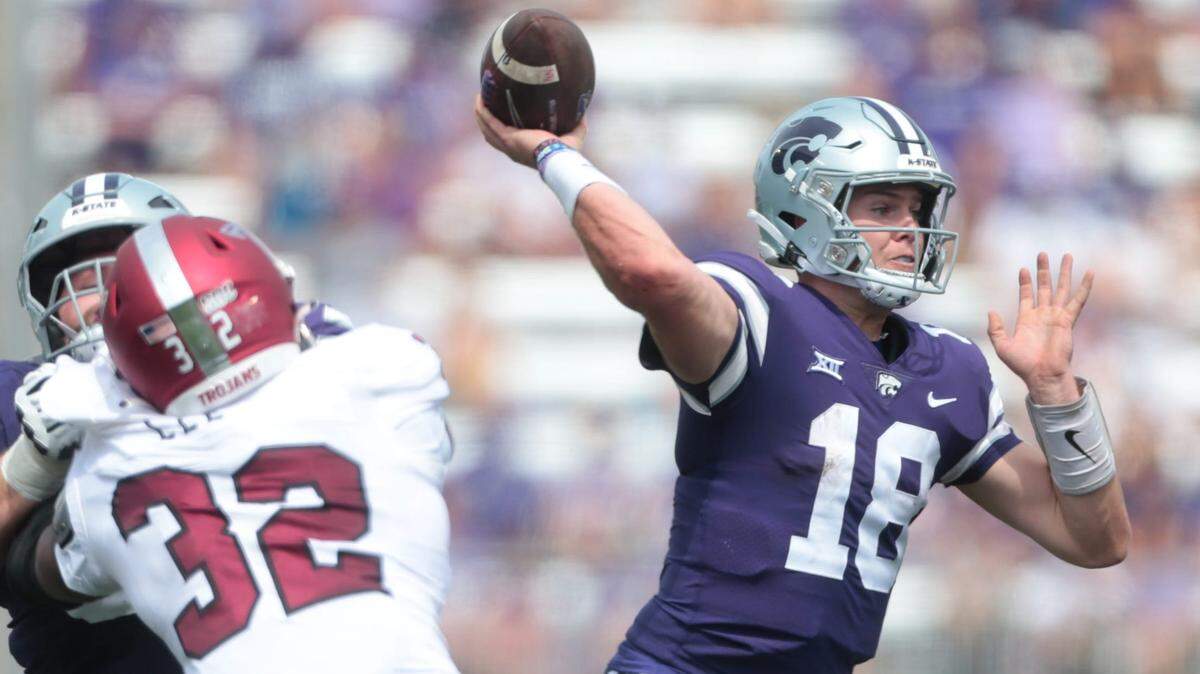 Kansas State senior quarterback Will Howard (18) throws a pass in the third quarter of Saturday’s game against Troy inside Bill Snyder Family Stadium.  