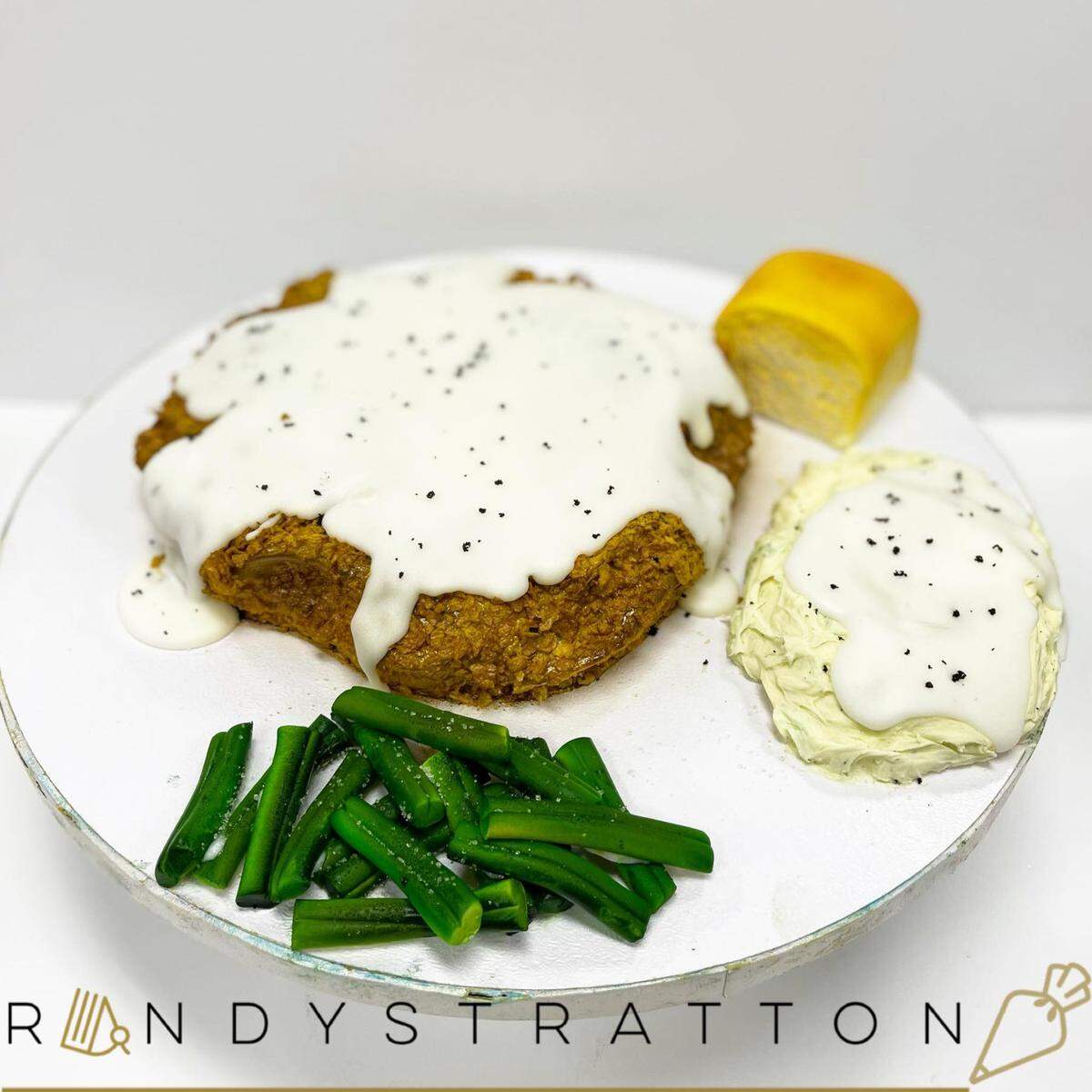 This Randy Stratton creation looks like a chicken fried steak meal, but it’s all cake.