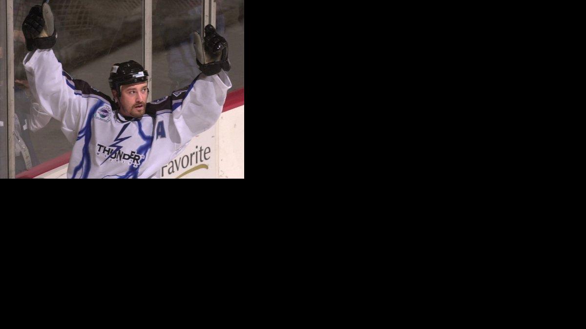 The Thunder's Jason Duda celebrates after scoring in the 2nd period marking his 300th point in his career against Indianapolis in 2001.