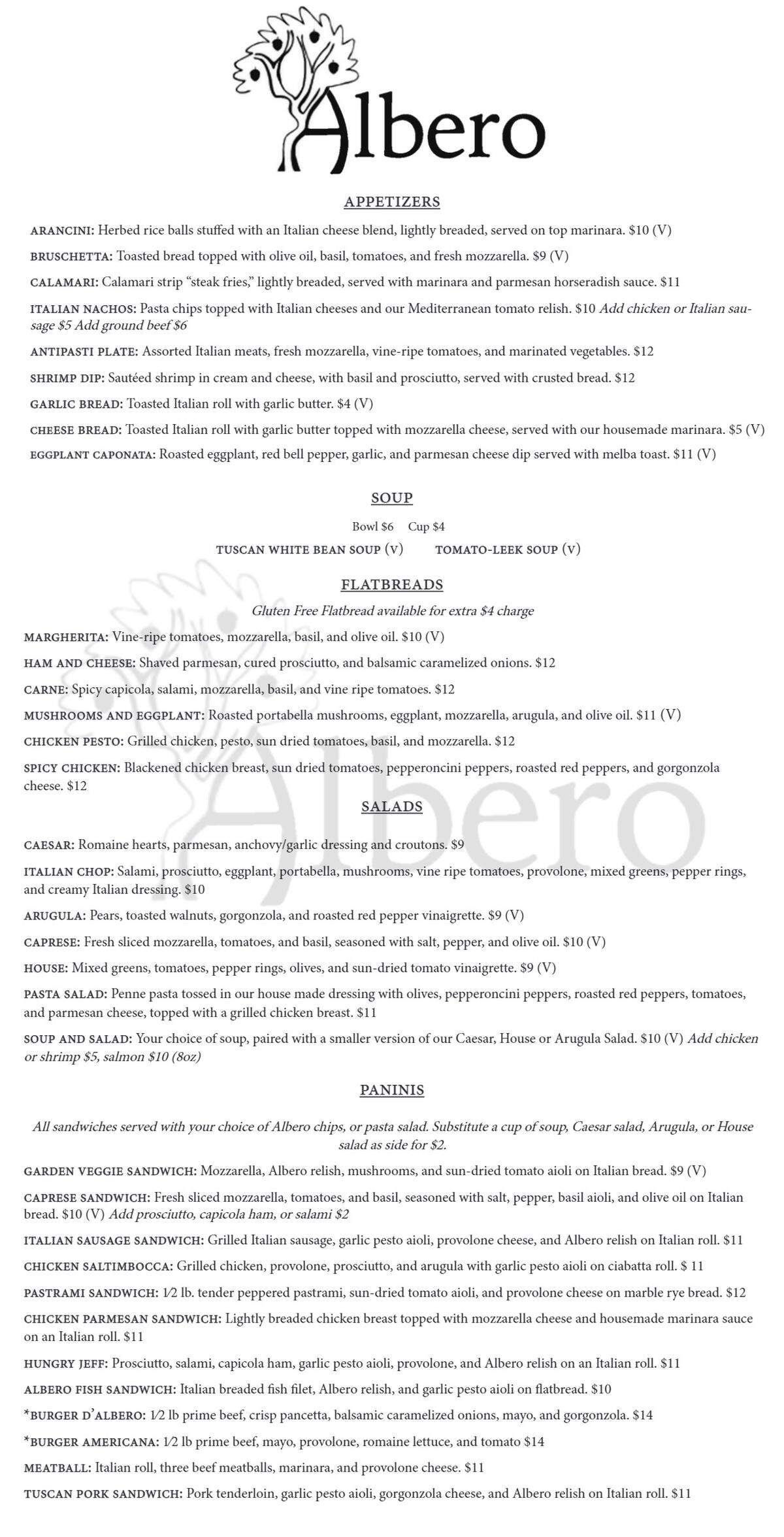 The menu for Albero Bistro