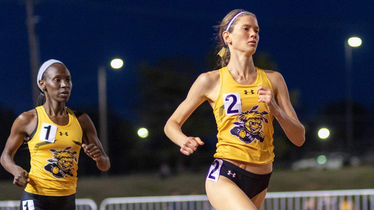 After winning the mile and 3000-meter run at the indoor meet, WSU junior Rebekah Topham will look for titles in the 1,500 and steeplechase this weekend in Wichita at the AAC Outdoor championships.