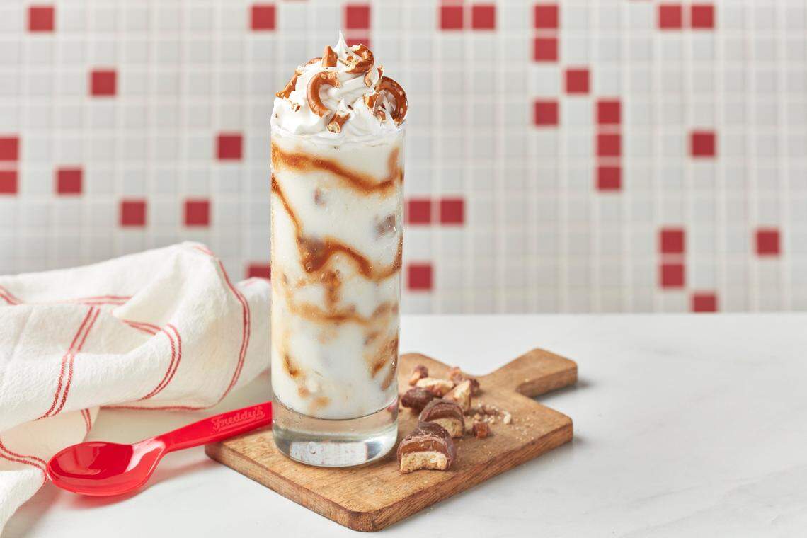 Freddy’s customers can order the new Twix salted caramel concrete for a limited time starting March 6, according to the burger chain.
