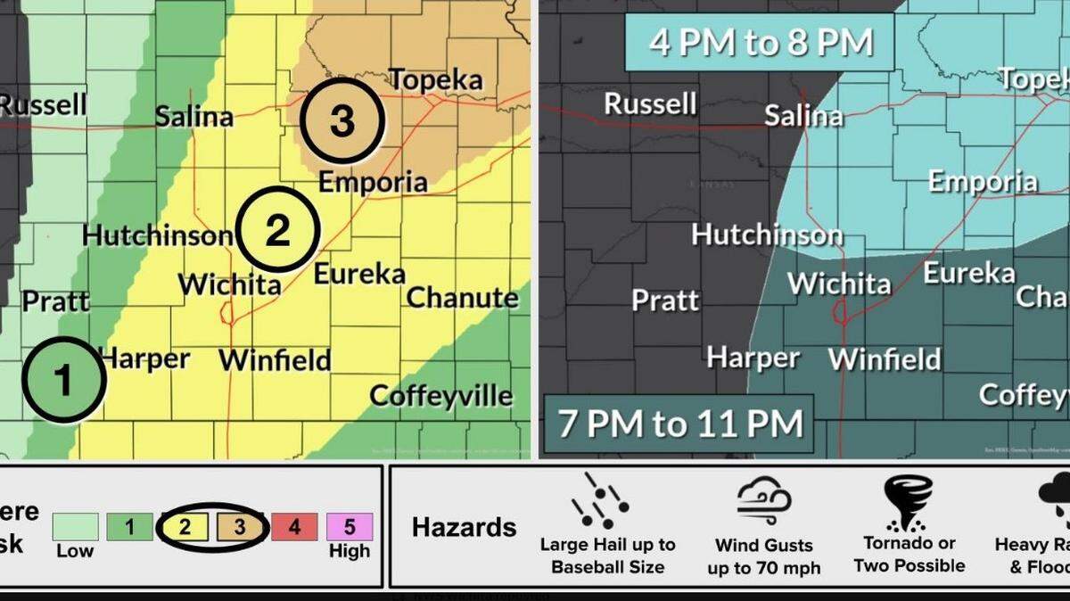 Wichita is forecast to see baseball-sized hail and strong 70 mph wind gusts Tuesday afternoon, according to the National Weather Service. 