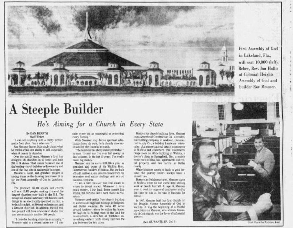 A screenshot of a 1980 article in The Wichita Eagle-Beacon shows a rendering of what was going to be the largest church Ronald “Roe” Messner had built at the time.
