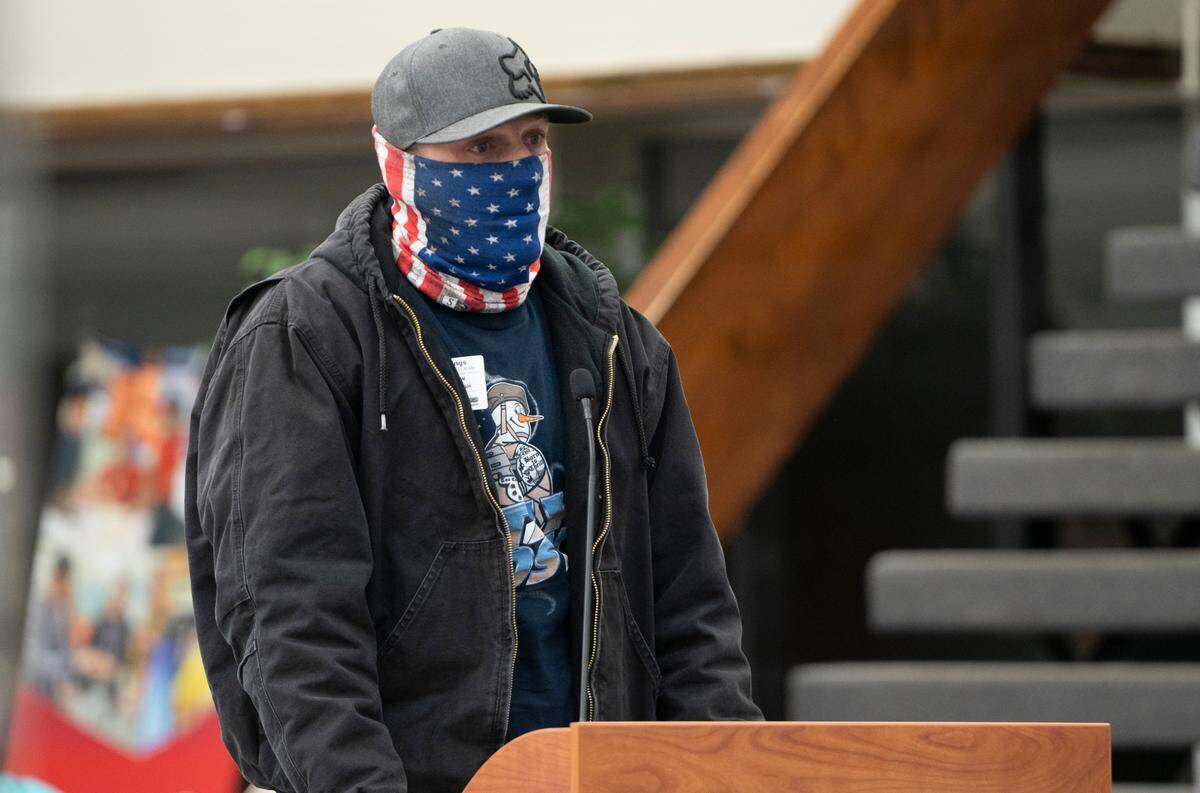 Matthew Farenbaugh addresses the USD 259 BOE during a meeting held at at the Alvin E. Morris Administrative Center. He is the father of two children who attend Wichita Public Schools who does not believe masks should be mandated. (January 18, 2022)