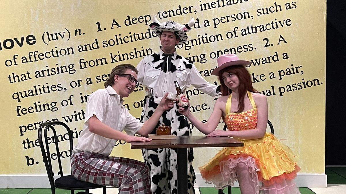 From left: Ethan Crank, Andrew Walker and Jenni Warren each play five roles in “Five Course Love,” the new show at Roxy’s Downtown.