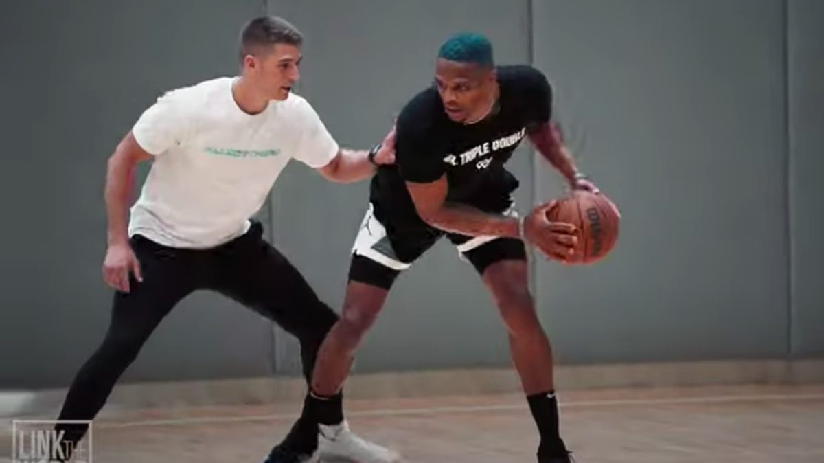 Recent Wichita State graduate Jacob Herrs defends former NBA MVP and current Los Angeles Laker Russell Westbrook in a recent practice session in New York City.