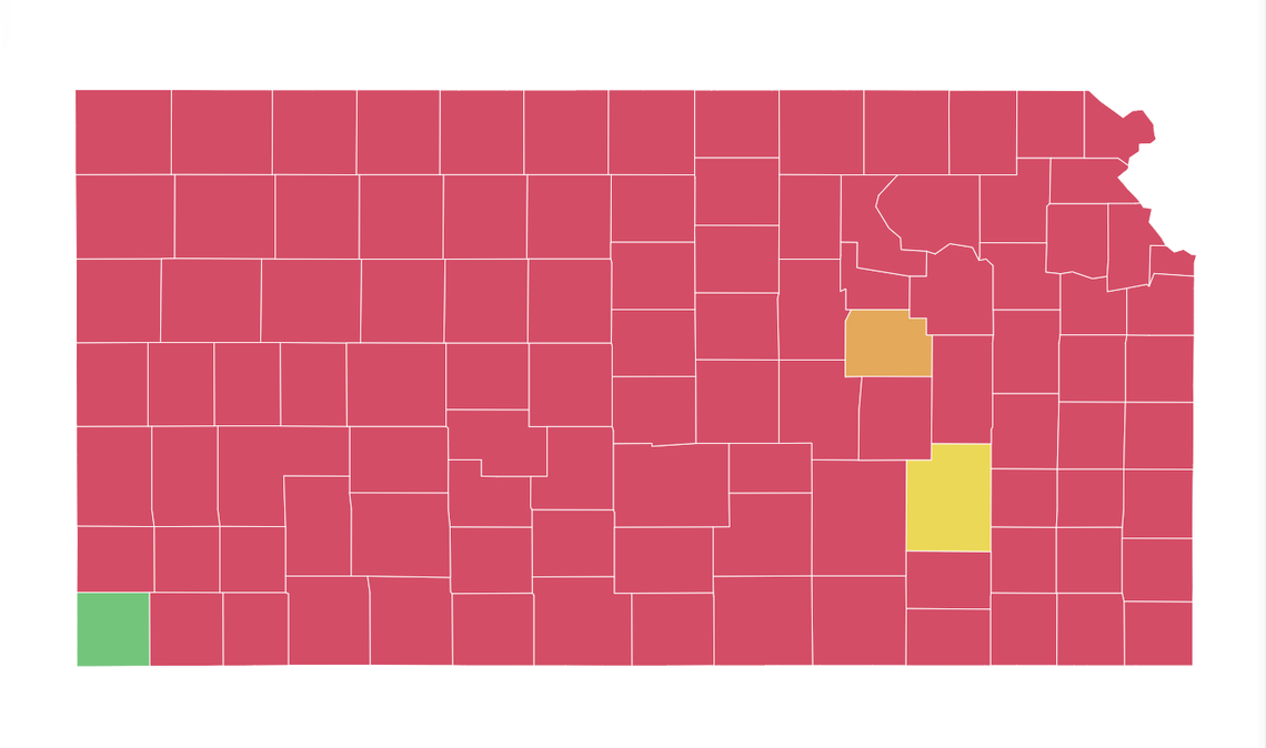 All but three Kansas counties are at a COVID-19 “tipping point” ahead of Thanksgiving, data from Haravard University show.
