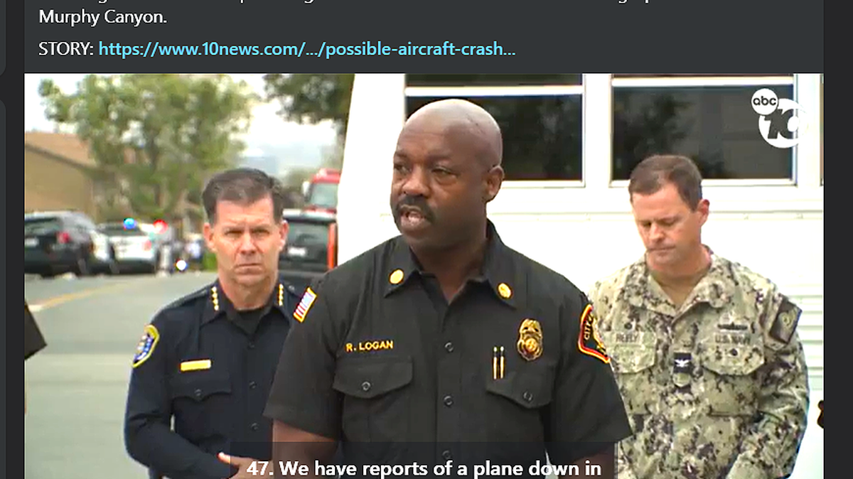 Fire and police officials held a news conference after a plane crash in San Diego, California in this screenshot from a local TV station on Facebook.