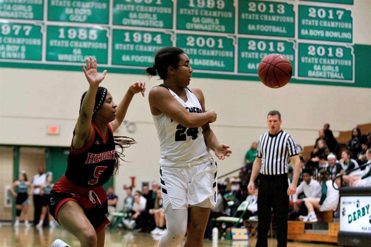 Derby senior point guard Tor’e Alford flips a pass to a teammate in the lane during the Panthers’ 66-52 win over Wichita Heights on day one of the AVCTL/GWAL Challenge. (Jan. 10, 2019)