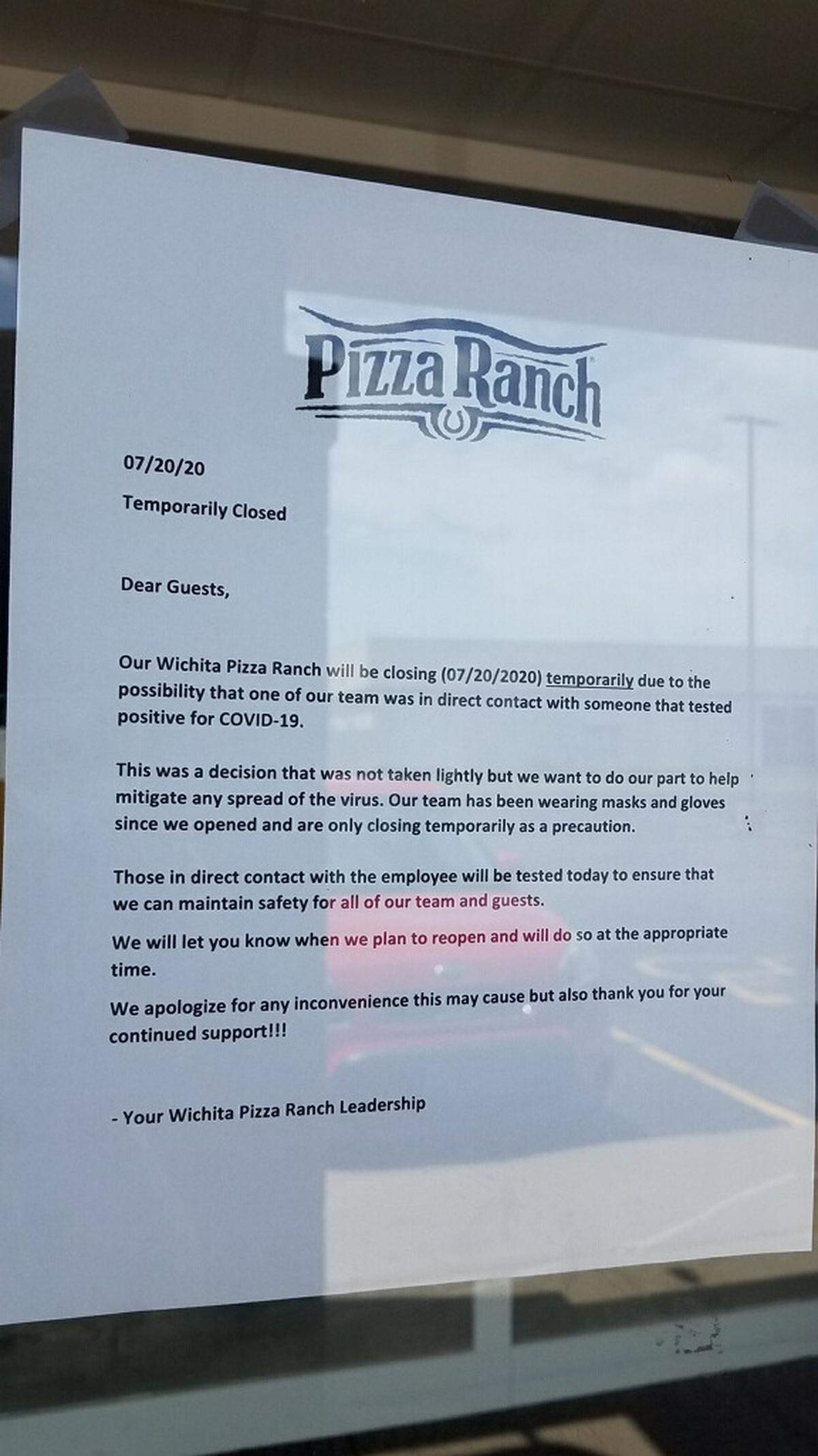 One of the signs posted Monday at Wichita’s Pizza Ranch near 21st and Tyler.