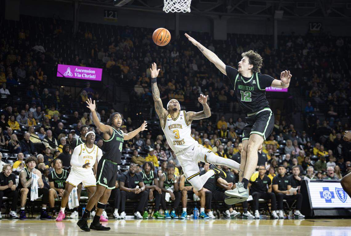 Wichita State’s Dre Kindell gets a shot to fall just before halftime against North Texas’ Dylan Arnett on Sunday at Koch Arena.