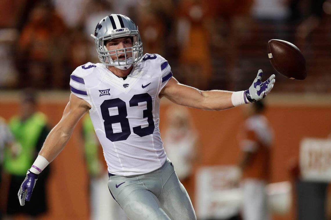 Kansas State Wildcats wide receiver Dalton Schoen (83) scores a touchdown against the University of Texas Longhorns in the second quarter at Darrell K Royal-Texas Memorial Stadium.