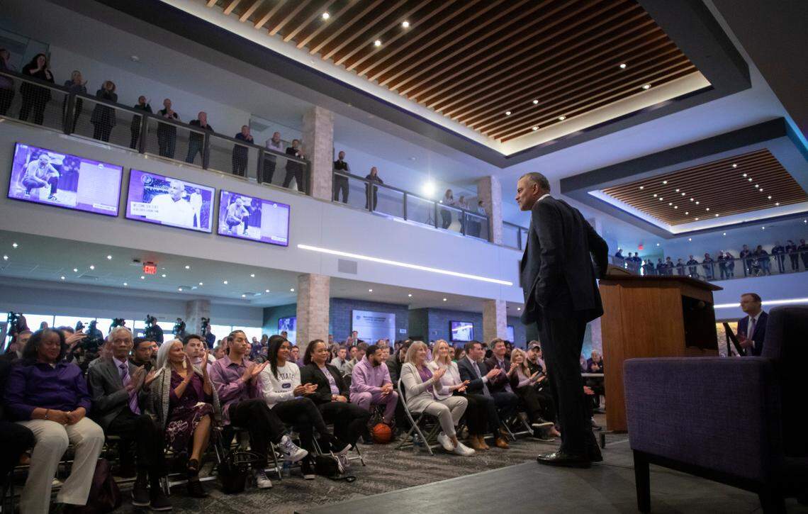 New Kansas State men’s basketball coach Jerome Tang answers questions at his introductory news conference at Bramlage Coliseum in Manhattan on Thursday. Tang, a long time assistant at Baylor, replaces Bruce Weber, who resigned recently following a string of disappointing seasons.