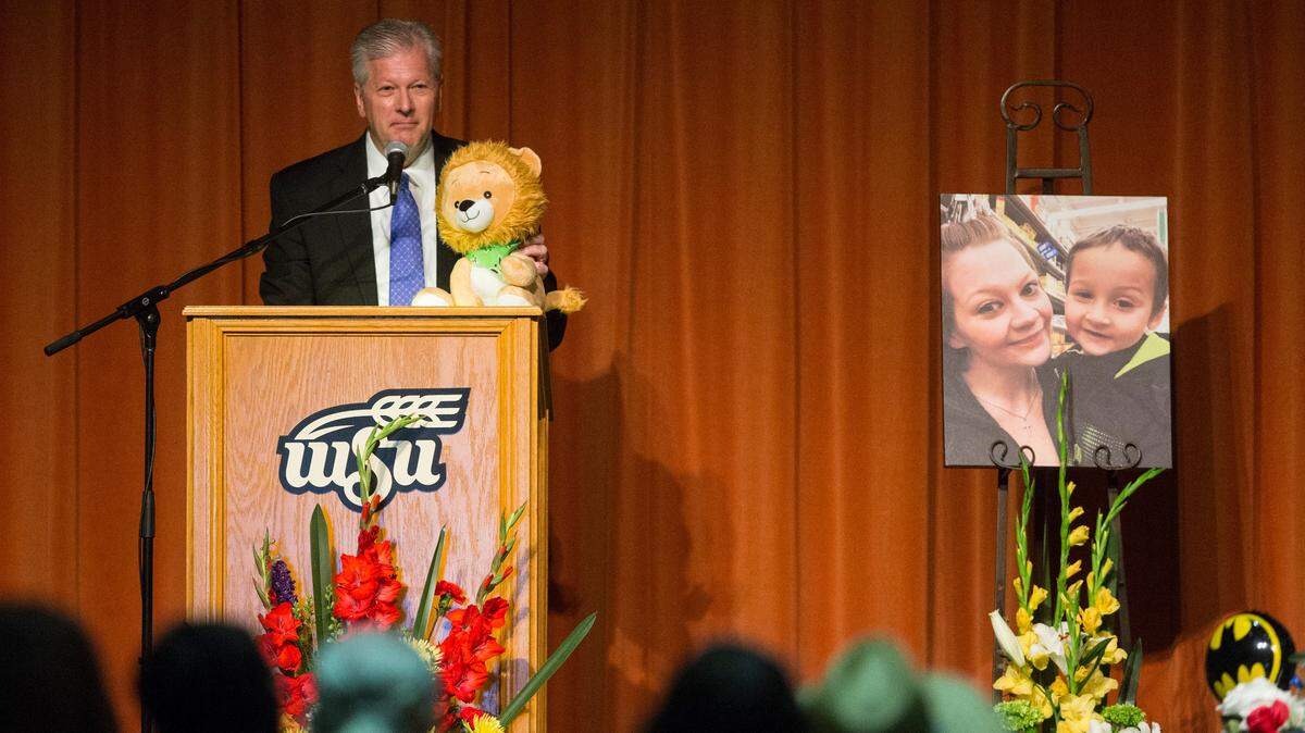 Pastor Jeff Gannon holds a stuffed animal that was affectionately known as "Lucas the Lion" to the Beech Elementary classmates of Lucas Hernandez during the time Hernandez was missing. About 250 people attended a memorial service for the 5-year-old at Hughes Metropolitan Complex on June 30.