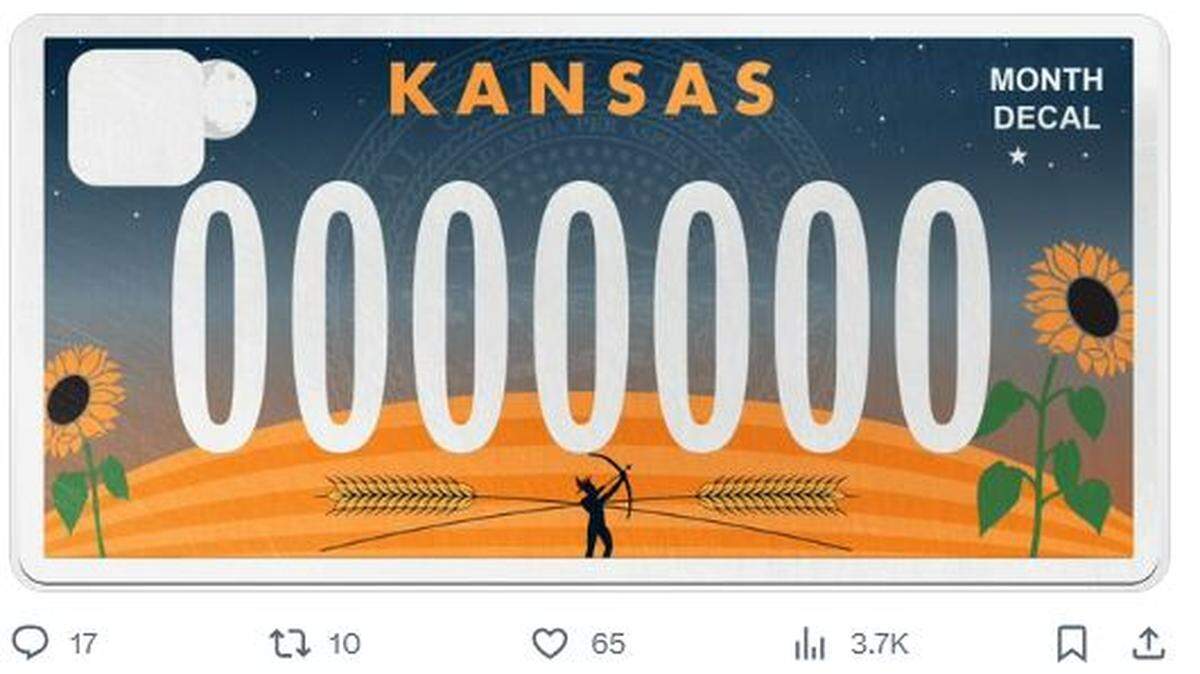 This proposed Kansas license plate was posted by Attorney General Kris Kobach on X. It has wheat, sunflowers, and the Native American archer statue from the Capitol dome. But is Kobach turning a blind eye to voting fraud?