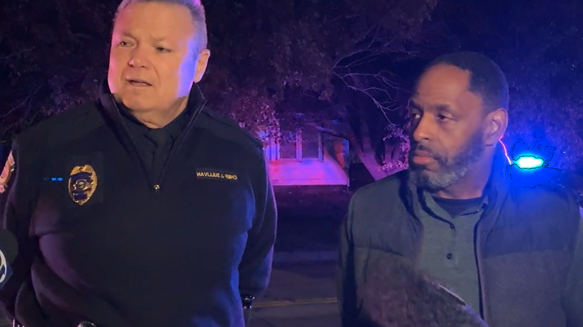 Wichita Police Chief Joe Sullivan and police spokesman Andrew Ford speak at a media briefing near Edgemoor Park on Halloween night. (Oct. 31, 2025)