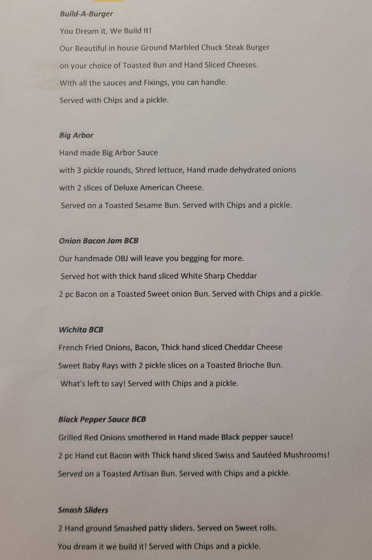 The current burger menu at Big Arbor. Sandwiches and more will be added next week.