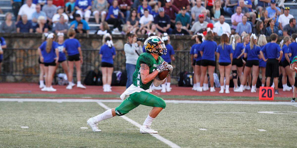 Clay Center safety Peyton Lane fields a kickoff during the 2018 Kansas Shrine Bowl at Carnie Smith Stadium in Pittsburg, Kansas. The East beat the West 21-14. (July 28, 2018)