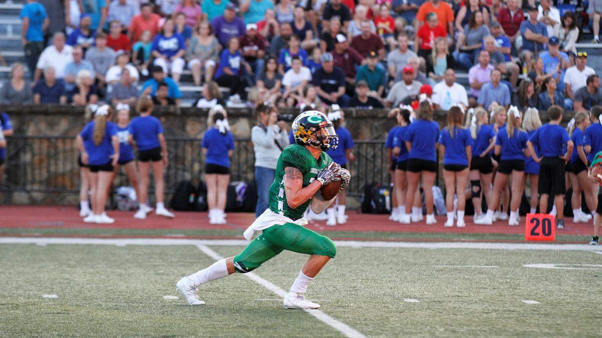 Clay Center safety Peyton Lane fields a kickoff during the 2018 Kansas Shrine Bowl at Carnie Smith Stadium in Pittsburg, Kansas. The East beat the West 21-14. (July 28, 2018)