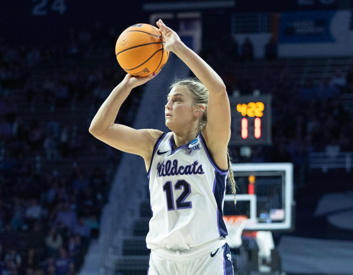 Kansas State’s Gabby Gregory puts up one of her team hight 22 points during the second half of their NCAA Tournament game against Portland in Manhattan on Friday.