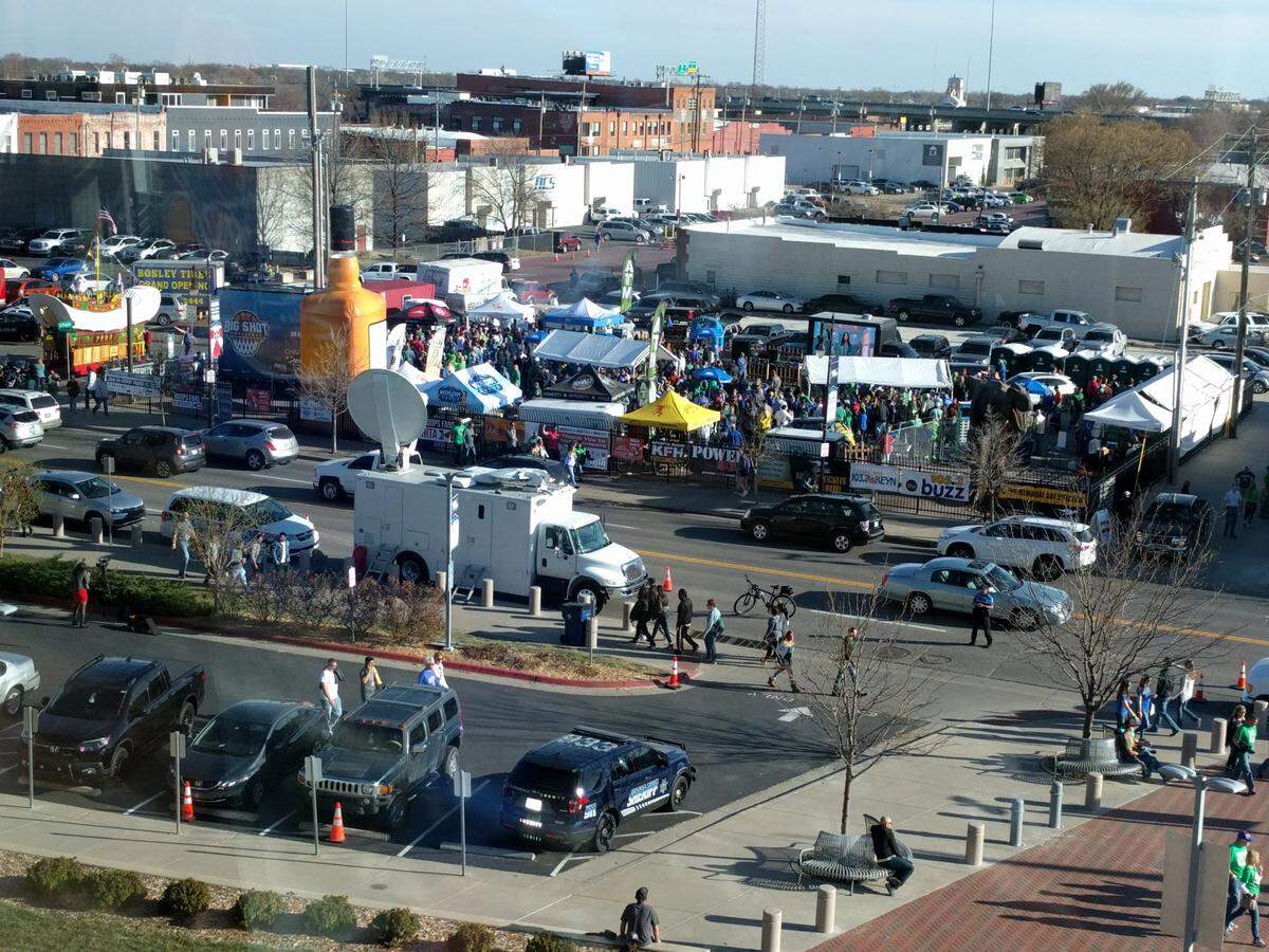 A view from Intrust Bank Arena of people celebrating the NCAA Tournament in 2018.