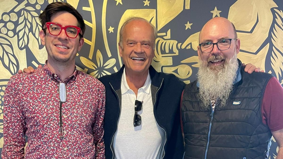 Kelsey Grammer visited Reverie Coffee Roasters in Wichita on Wednesday morning and posed for a photo with operations manager Drew Perry, left, and Andrew Gough, right.