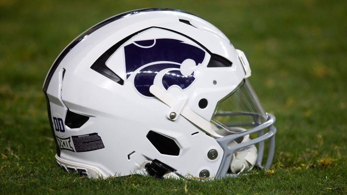 Detailed view of a Kansas State Wildcats helmet prior to the Rate Bowl at Chase Field.