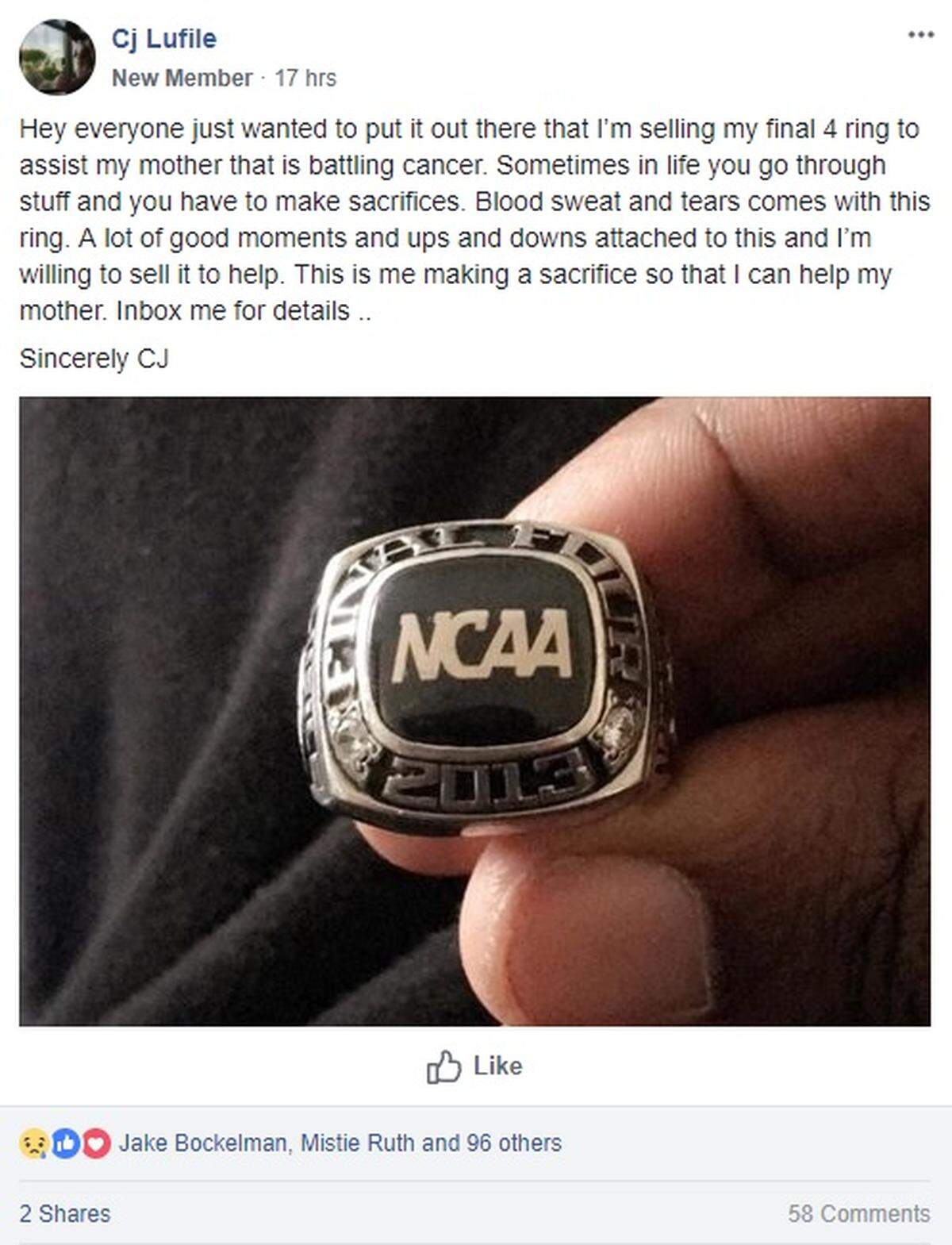 Former Wichita State player Chadrack Lufile attempted to sell his Final Four ring on his Facebook page to help make payments on his mother's cancer treatments. Instead, WSU fans have banded together to help raise donations for his family.