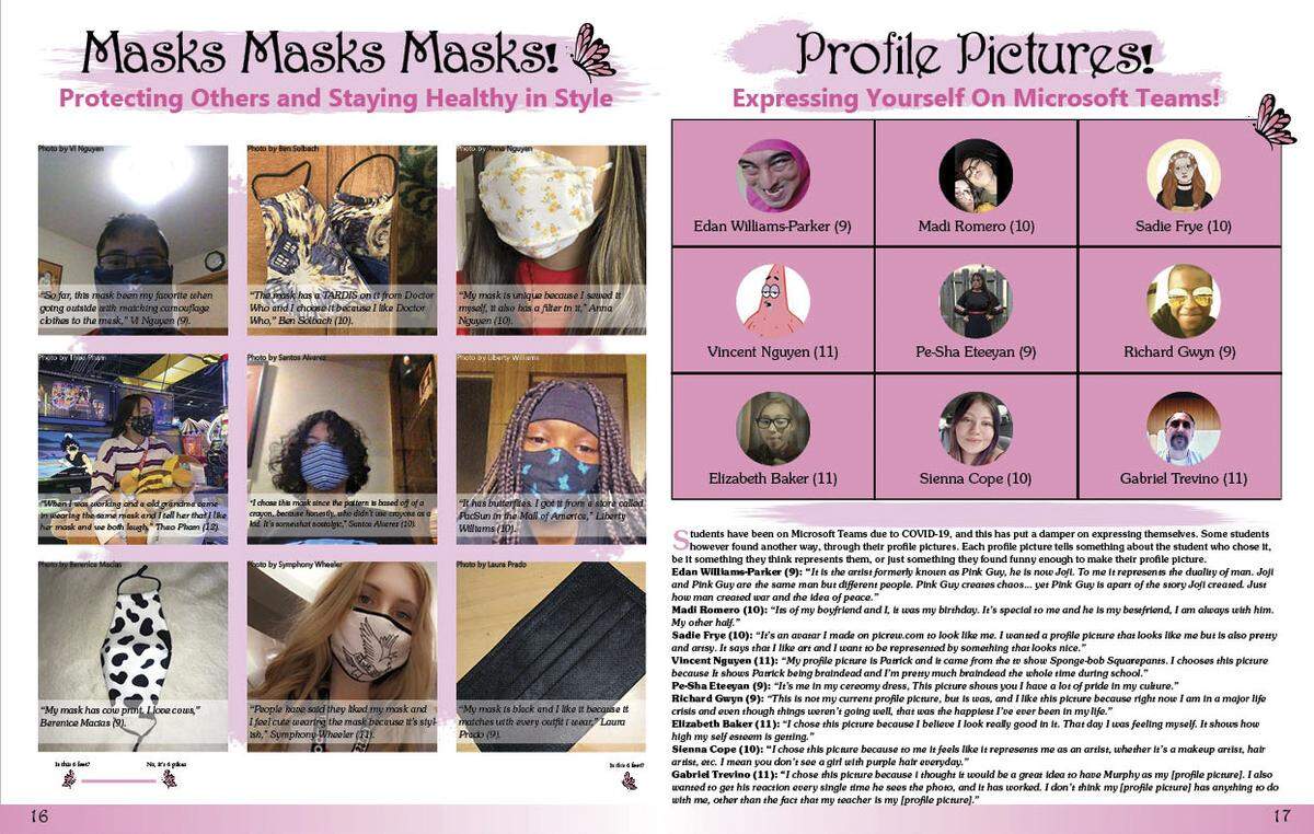 A spread for the 2020-2021 Hoofbeats yearbook at Wichita Southeast High School features stories about masks and profile pictures in the coronavirus pandemic.