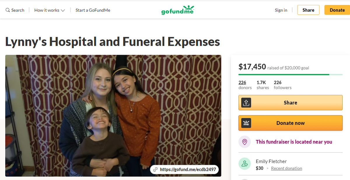 A screenshot of a GoFundMe page shows 26-year-old Lynny Poell with her niece and nephew. Poell died after being the victim of a hit-and-run in Wichita.