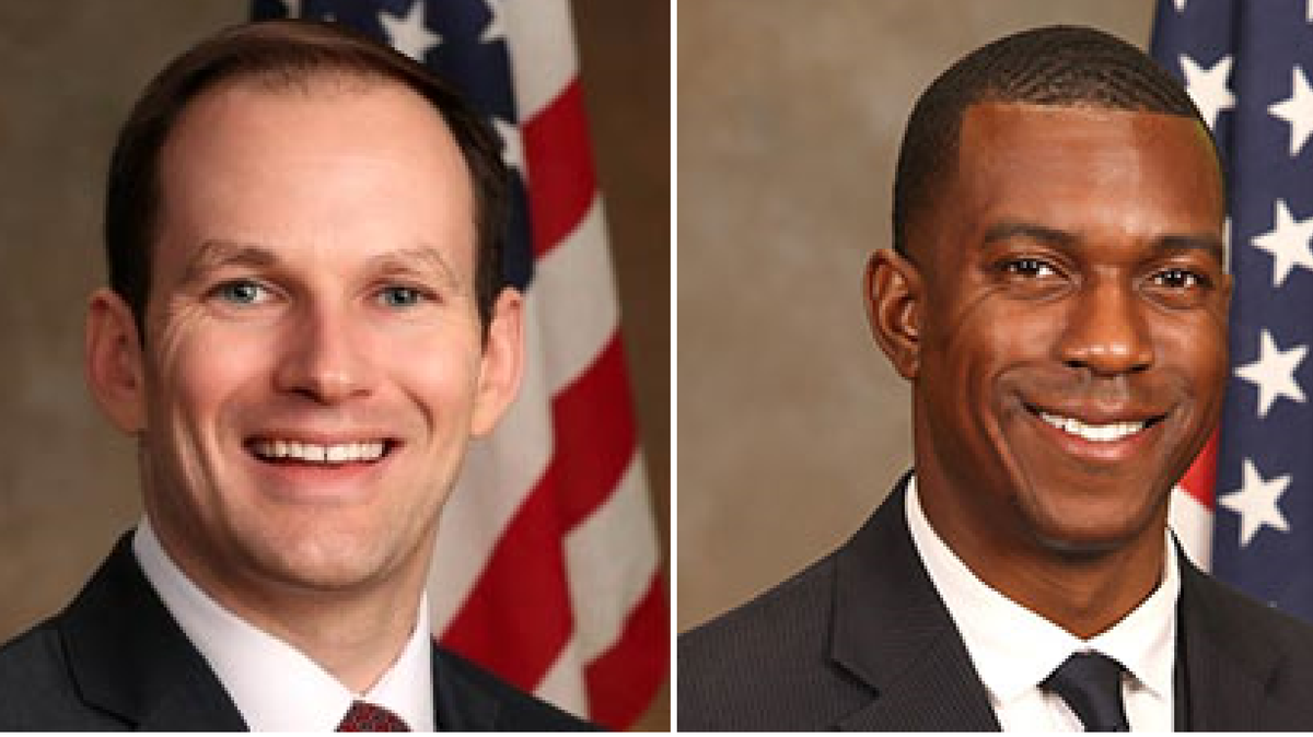 Wichita Mayor Brandon Whipple, left, and City Council member Brandon Johnson