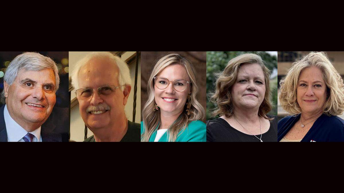 From left: Republicans Greg Ferris, Alan Reichert and Stephanie Wise; and Democrats AlmaAnn Jones and Celeste Racette. They are running in the Sedgwick County Commission District 3 primary this year.