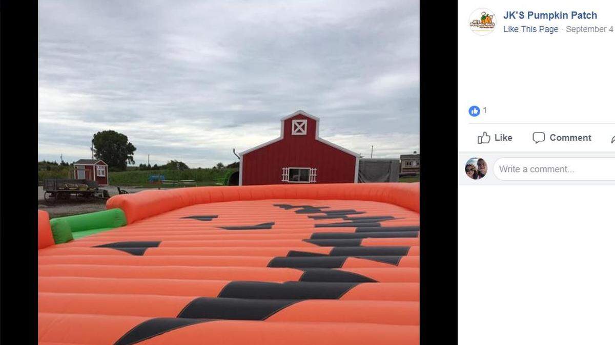 The “giant shaped pumpkin jump pad” at JK’s Pumpkin Patch near Lincoln, Nebraska. The bounce pillow got loose when a strong wind gust blew through the area on Wednesday.