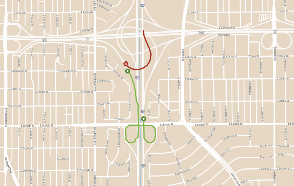 The Kansas Department of Transportation will close the exit ramp from eastbound U.S. 54 to northbound I-135 on Tuesday. Here is a illustrated detour provided by the agency.