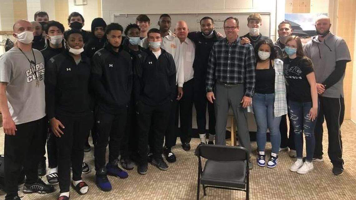Former Wichita State coach Gregg Marshall was the guest speaker for the Campus boys basketball team before the Colts’ 42-37 win over Lawrence Free State in the Class 6A semifinals on Thursday.