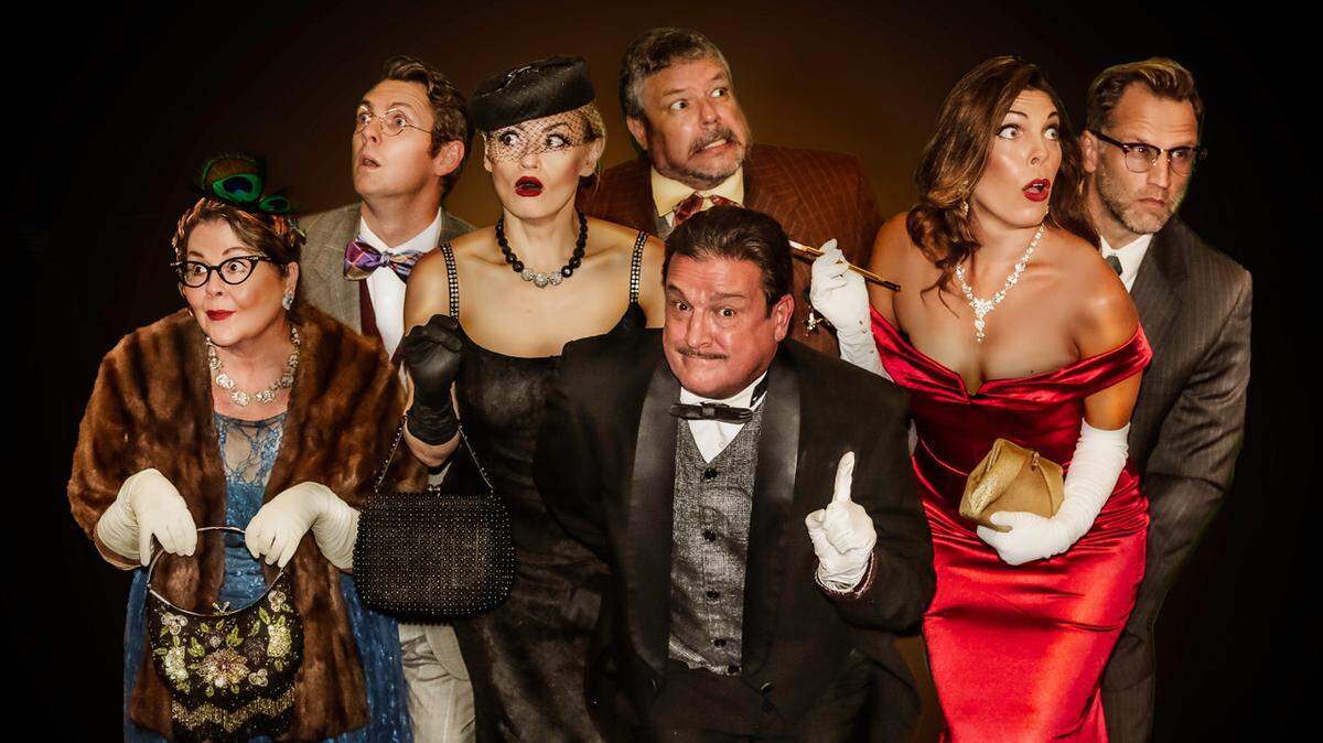 The cast of “Clue On Stage,” front row from left: Ann-Marie Rogers, Briley Meek, Craig Benton, Chelsey Ehresman. Back row: Andrew Walker, Ted Woodward, Ted Dvorak.