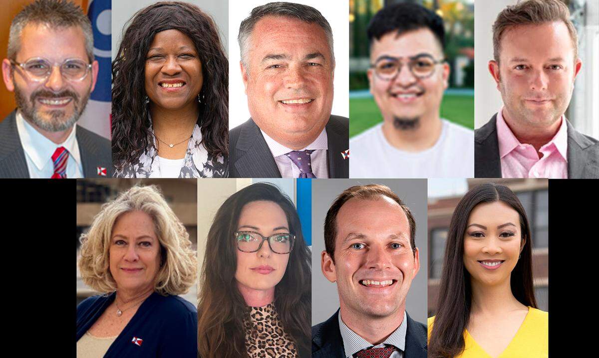 Candidates for Wichita mayor, top row, Jared Cerullo, Sheila M. Davis, Bryan Frye, Anthony Gallardo, Tom Kane, bottom row, Celeste Racette, Julie Rose Stroud, Brandon Whipple, Lily Wu.