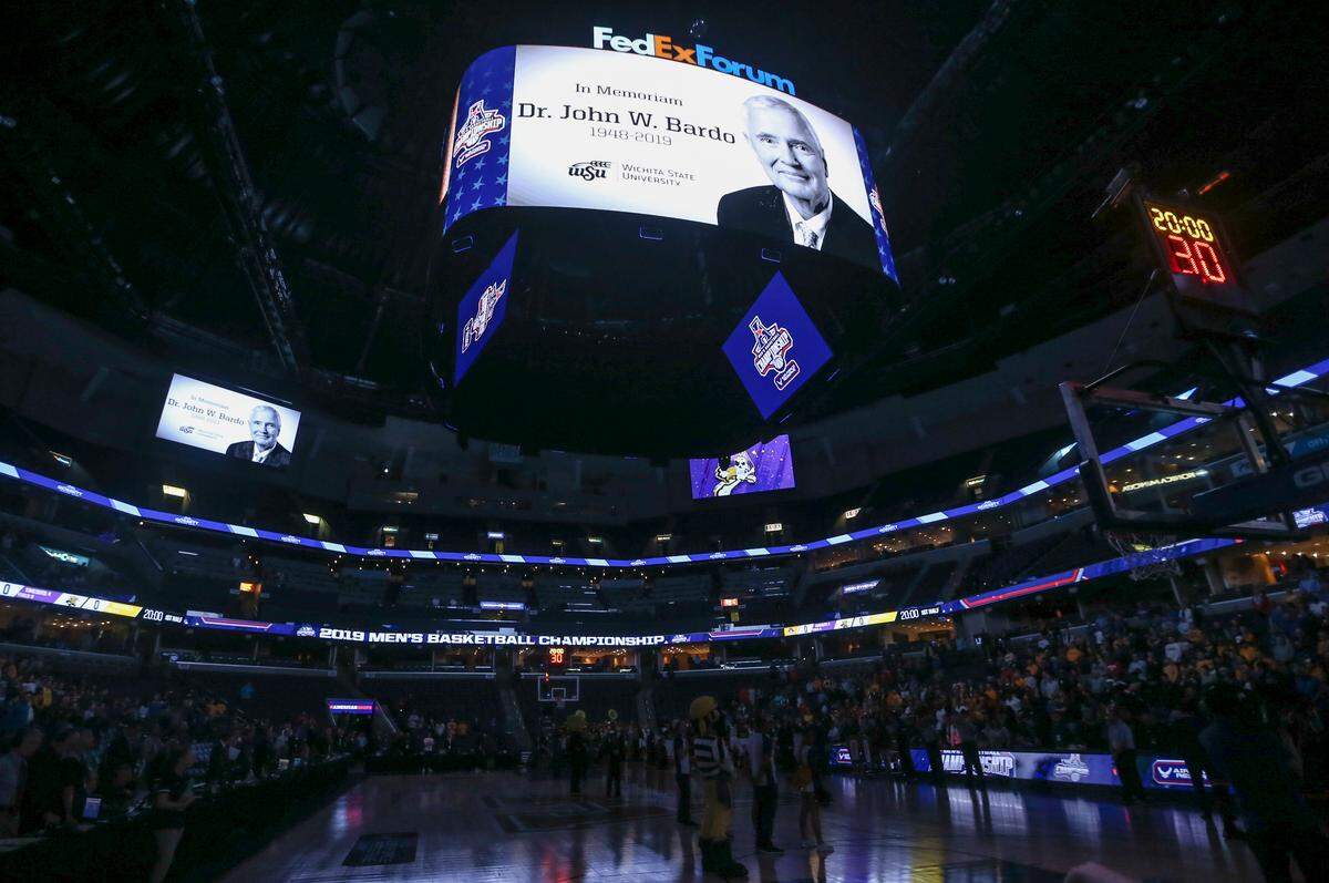A tribute to Wichita State president John Bardo, who died earlier this week, was shown before Wichita State’s against East Carolina in Memphis on Thursday.