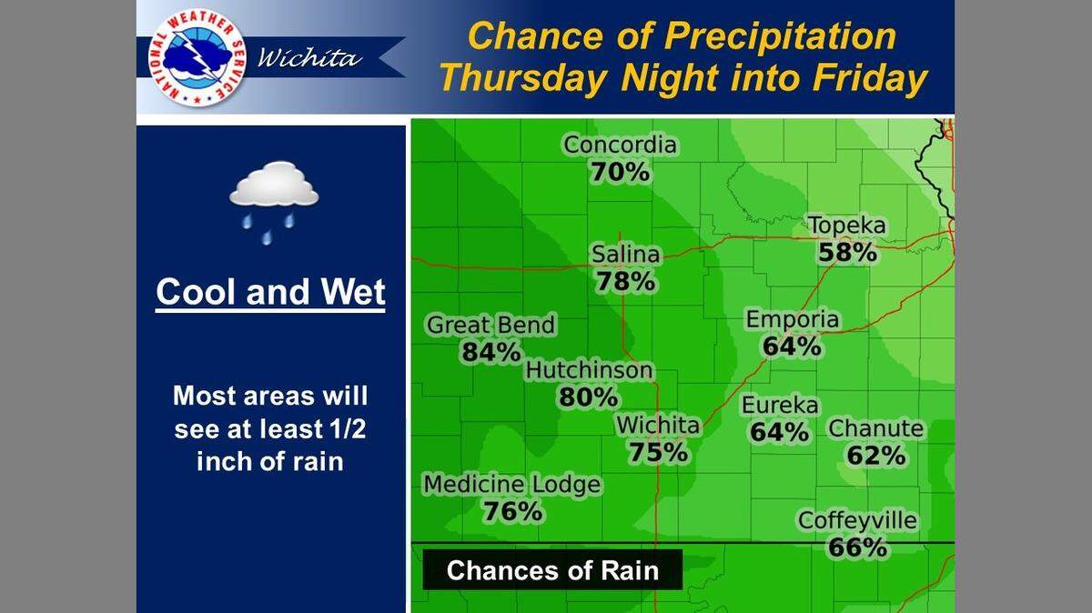 This map issued Wednesday morning by the National Weather Service shows the forecasted chance for rain across central Kansas. (April 14, 2021)
