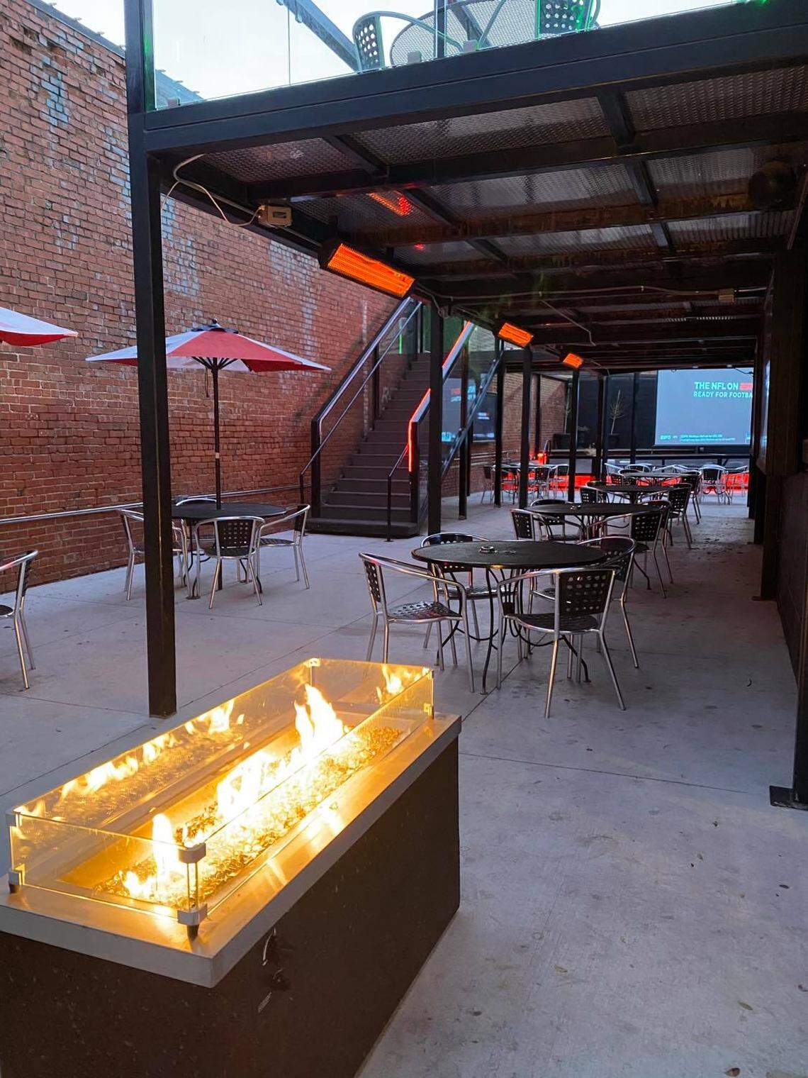 The patio at The Pumphouse has both overhead and stand-up propane heaters.