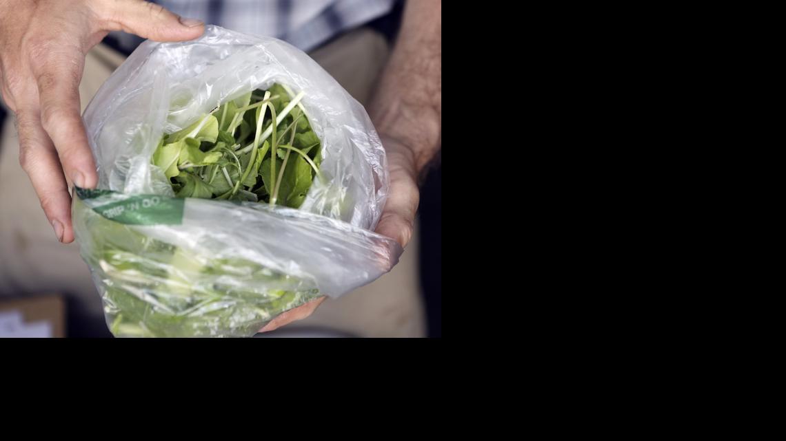 Casey Truelove shows a representative from Whole Foods lettuce that he has grown on his farm in Nashville, Kan. Whole Foods is meeting with prospective local vendors and producers to put Kansas-made products in the store. (May 8, 2014)

