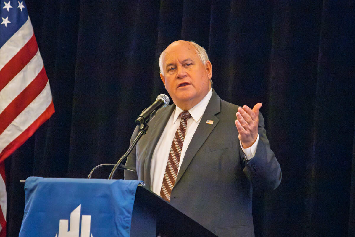 U.S. Rep. Ron Estes addresses attendees of the Wichita Regional Chamber of Commerce's federal issue forum on Aug. 28. Estes and Sen. Roger Marshall spoke at separate chamber forums in Wichita this week.