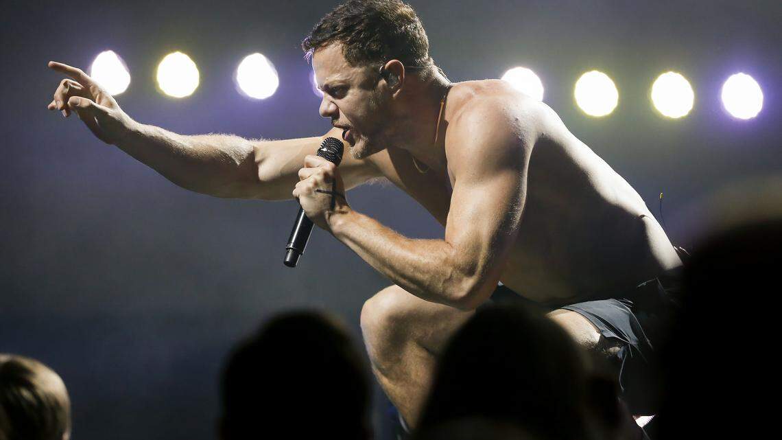 Imagine Dragons’ frontman Dan Reynolds sings to the crowd at the Intrust Bank Arena Monday. (July 30, 2018)