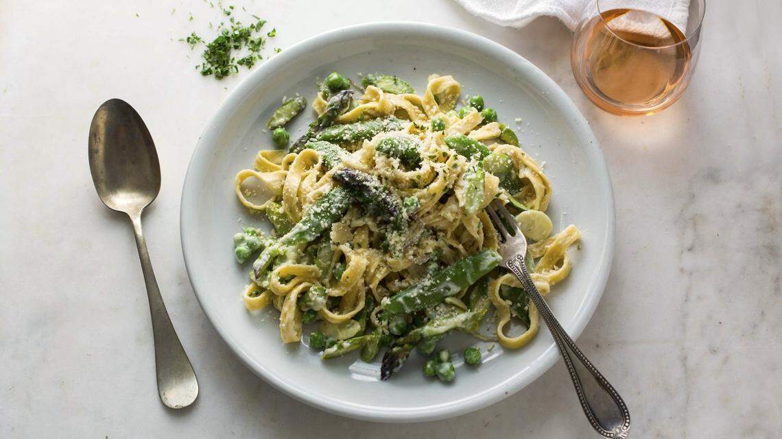 Creamy Asparagus Pasta with Mint and Peas is easy to throw together on a busy May evening.