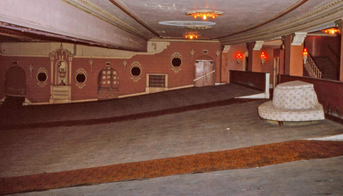 The interior of the Orpheum Theatre after all of the chairs had been removed and the building was boarded up.