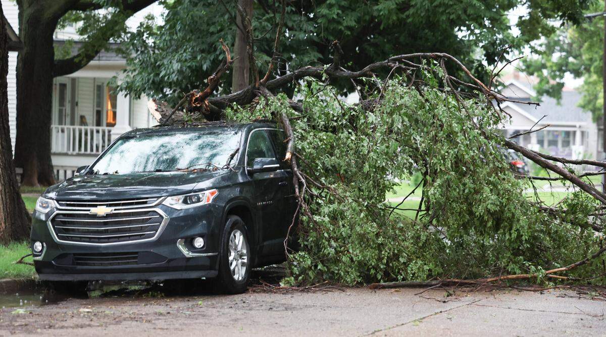 A tree lies on top of a car in Delano Tuesday morning after strong winds passed through Wichita in the early morning hours.