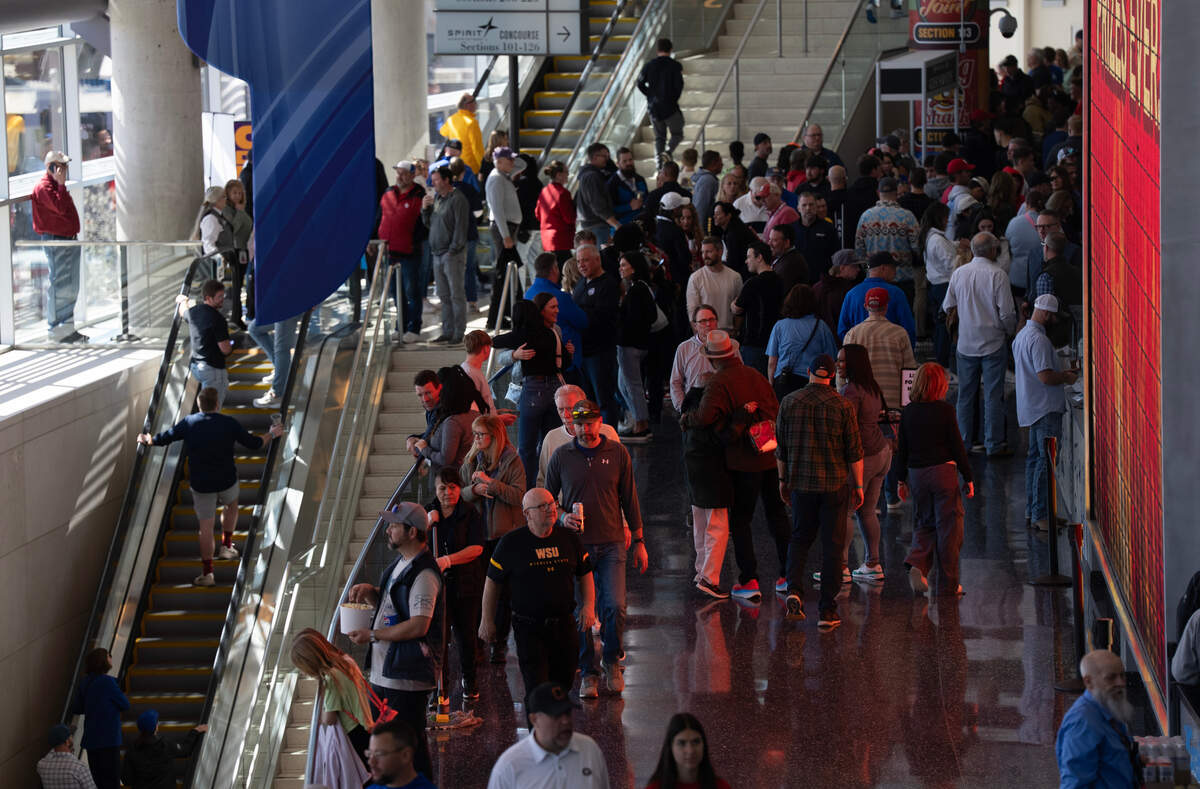 Fans fill the concourse of Intrust Bank Arena in between games of the 2025 NCAA Division I Men’s Basketball Championship.
